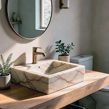 Lavatório de mármore branco em banheiro elegante