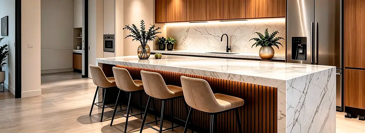 Bancada de mármore branco com veios cinzas em cozinha